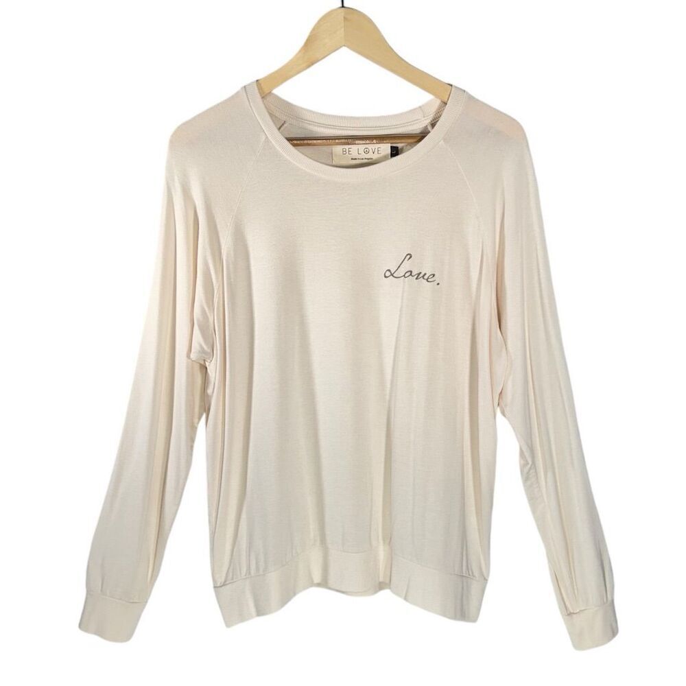 BE LOVE Women's Cream Crew Neck Raglan Sweater Love Size L Soft French Terry